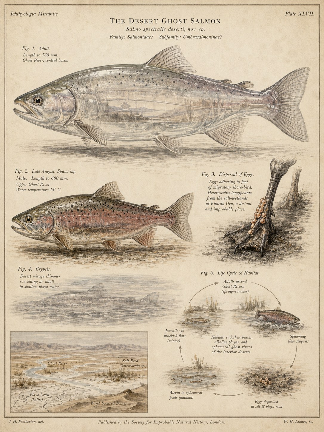 Natural history plate showing the Desert Ghost Salmon, spawning color, egg dispersal, habitat, and life cycle
