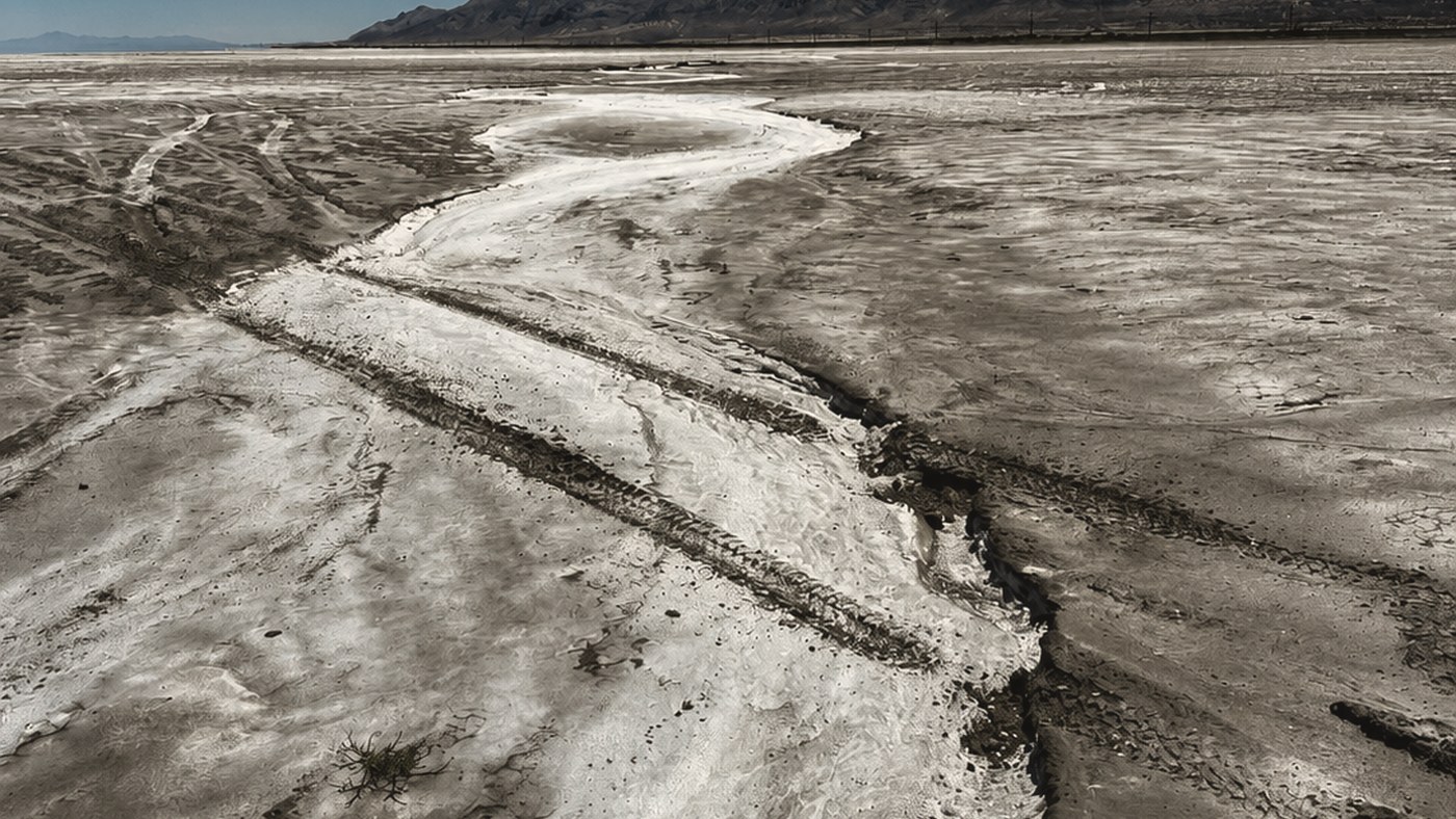 Vehicle tracks in dry channel